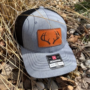 YOUTH/TODDLER Richardson 112 Laser Engraved Leather Patch Hat- Deer Antler Hunting Big Rack Hand Stitched Real Leather