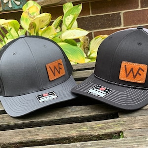 Custom Richardson 112 Laser Engraved Leather Patch Hat- Logo Cattle Brand Tag Livestock Farm Hand Stitched Real Leather Ranch Brand Farm