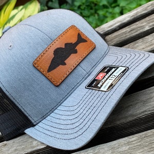 Richardson 112 Laser Engraved Leather Patch Hat- Walleye Silhouette Hand stitched Authentic real leather Fish Angler Gone Fishin' Wally