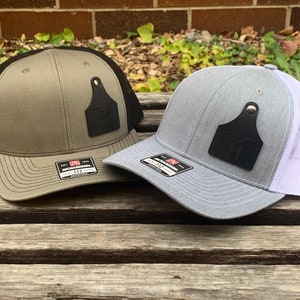 Richardson 112 Laser Engraved Black Leather Patch Hat-Custom Ranch Cattle Tag Farm Brand button rivet faux stitched