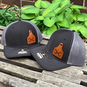 Custom Richardson 112 Laser Engraved Leather Patch Hat- Logo Cattle Ear Tag Livestock Farm Button Rivot Real Leather Ranch Brand Farm