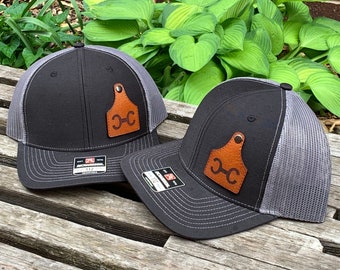 Custom Richardson 112 Laser Engraved Leather Patch Hat- Logo Cattle Ear Tag Livestock Farm Button Rivot Real Leather Ranch Brand Farm
