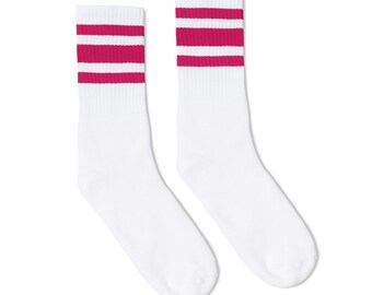 White Crew Cut Calf High Sock with Three Pink Stripes