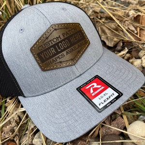 OLIVE LEATHER Custom Patch Shape Richardson 110 Fitted Laser Engraved Leather Patch Hat-company Hand Stitched Real Leather Your logo here