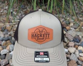 Custom Richardson 112 Laser Engraved Leather Patch Hat- Personalized Ranch Name with Est Date and Brand- Hand Stitched  Real Leather