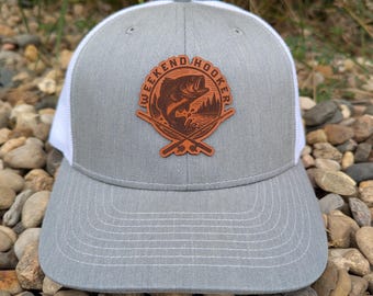 Richardson 112 Laser Engraved Leather Patch Hat- Weekend Hooker Bass Fishing Scene Hand stitched Authentic real leather Fishing