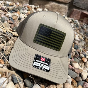 Richardson 112FP Digitally Printed Leather Patch Hat-OD Green Military American Flag Patch Hand Stitched Real Leather USA America