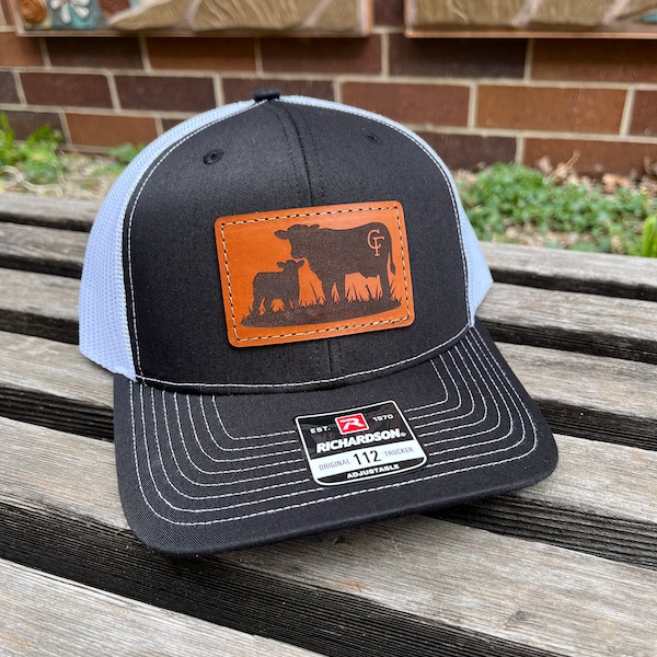 Richardson 112 Laser Engraved Leather Patch Hat- Custom Cow Calf Cattle Ranch Brand Silhouette Real Leather Hand Stitched