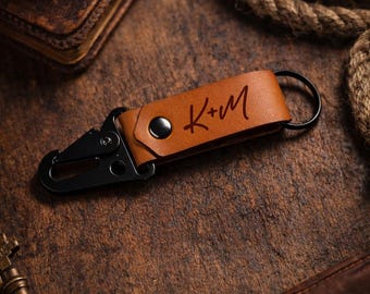 Personalized Leather Keychain, Custom Engraved Genuine Leather Key Fob, Minimalist Gift for Him or Her-Script Initials