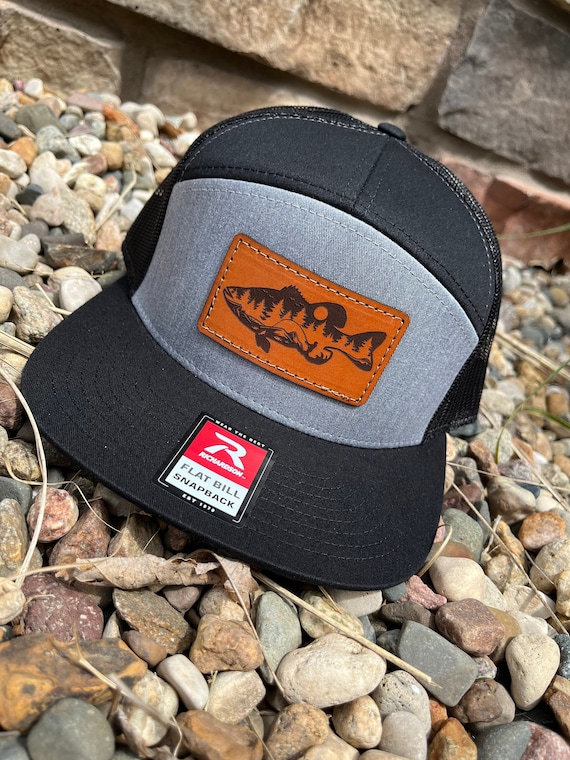 Richardson 168 Flat Bill Snapback Laser Engraved Leather Patch Hat-bass  Fishing Scene Leather Patch Hat Fisherman Gone Fishing Angler 