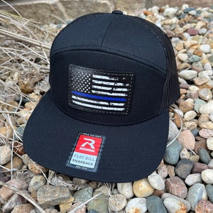Thin Blue Line Richardson 168 Flat bill Snapback Digitally Printed Leather Patch Hat- Digitally printed Leather Patch Police