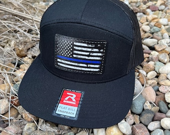 Thin Blue Line Richardson 168 Flat bill Snapback Digitally Printed Leather Patch Hat- Digitally printed Leather Patch Police