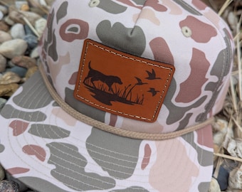 Leather Patch Hat Richardson 256P Printed Umpqua Hunting Dog with Ducks Hunting Silhouette  Laser Engraved-Hand Stitched Real Duck Hunter