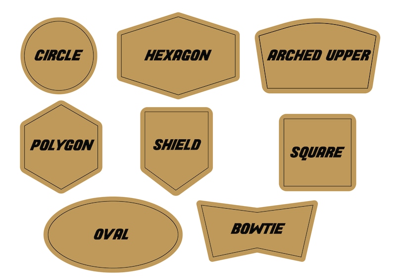 May include: A collection of nine tan-colored shapes with black text labels. Shapes include a circle, hexagon, arched upper, polygon, shield, square, oval, and bowtie. The shapes are outlined in black and set against a white background.