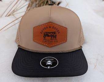 Zapped Headwear Blackhawk R+ Laser Engraved Leather Patch Hat- Personalized Cow Calf Farm Name & location- Hand Stitched Real Leather
