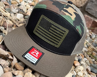 Richardson 168 Flat bill Snapback Digitally Printed Leather Patch Hat- Digitally printed OD Green American Flag USA Patriotic Leather Patch