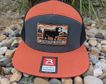 Richardson 168 Flat bill Snapback Laser Engraved Leather Patch Hat- Personalized Cow with barbed wire and Farm Name