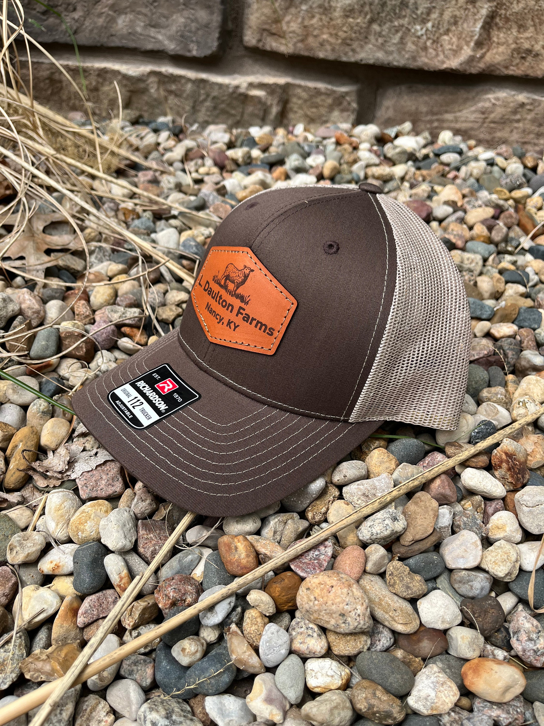 Custom Richardson 112 Laser Engraved Leather Patch Hat- Personalized Sheep Farm Name with Est Date Hand Stitched Real Leather Ranch Brand
