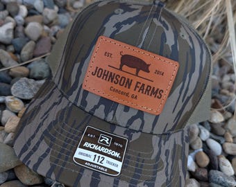 Richardson 112P Laser Engraved Leather Patch Hat-Pig with Farm name, Est Date, and Location- Hand Stitched Real Leather patch