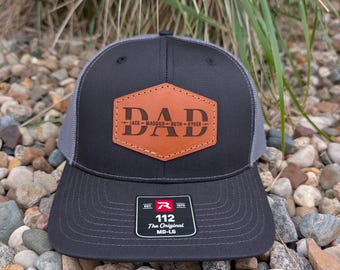 Custom Richardson 112 Laser Engraved Leather Patch Hat- DAD personalized with children names Hand Stitched Real Leather