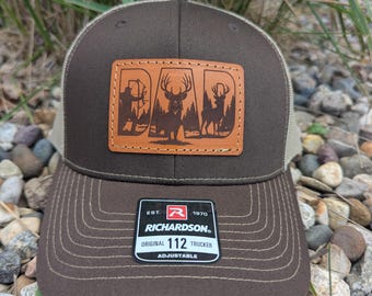 Custom Richardson 112 Laser Engraved Leather Patch Hat- Dad Deer Hunting Scene Patch- Hand Stitched Real Leather