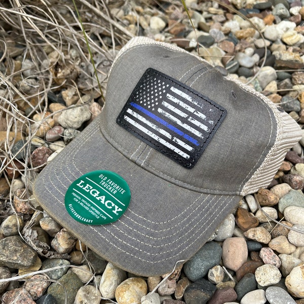 Thin Blue Line Legacy Hats OFA Digitally printed Leather Patch Unstructured Hat- Custom Real Leather Police