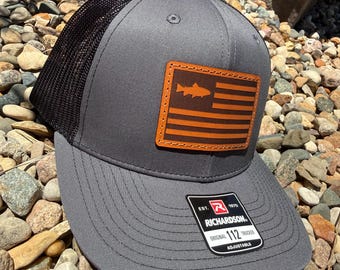 Richardson 112 Laser Engraved Leather Patch Hat- Fish American Flag  Hand Stitched Real Leather Patch-Fishing Angler