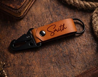 Personalized Leather Keychain, Custom Engraved Genuine Leather Key Fob, Minimalist Gift for Him or Her-Script Last Name