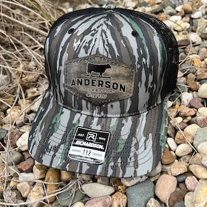 Richardson 112P Digitally Printed Leather Patch Hat-Personalized Farm name with Established Date Hand Stitched Real Leather Camo Patch