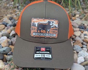 Custom Richardson 115 Digitally printed Leather Patch Hat-Personalized Cow with barbed wire and Farm Name