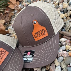 Custom Richardson 112 Laser Engraved Leather Patch Hat- Custom Western Farm Name Cattle Tag Ear Tag Button Rivot
