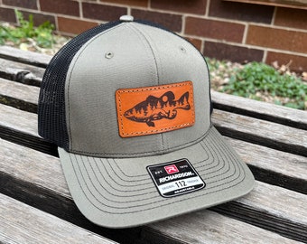 Richardson 112 Laser Engraved Leather Patch Hat- Large Mouth Bass Silhouette Hand stitched real leather Fish Angler Gone Fishin' Scene