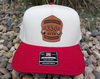 Custom Richardson 323FPC Laser Engraved Leather Patch Hat- Personalized Fire Helmet Shield Badge Button Rivot-Firefighter Shield
