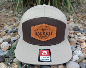 Richardson 168 Flat bill Snapback Laser Engraved Leather Patch Hat-Personalized Farm Name with Est Date and Brand-Hand Stitched Real Leather