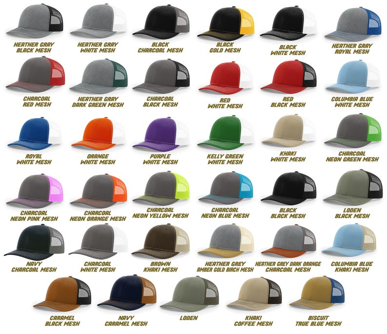 May include: A variety of trucker hats in various colors, including black, red, blue, and green. Each hat features a mesh back and a solid front panel. The hats are labeled with color combinations such as "Black Charcoal Mesh" and "Navy Charcoal Mesh".