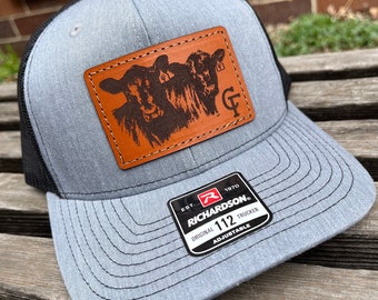 YOUTH/TODDLER Custom Richardson 112 Laser Engraved Leather Patch Hat-Cattle Brand Personalized Cow tags Farm Stitched Leather Ranch Brand