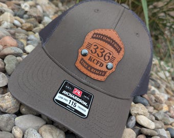 Custom Richardson 115 Laser Engraved Leather Patch Hat- Personalized Fire Helmet Shield Badge Button Rivot-Firefighter Shield