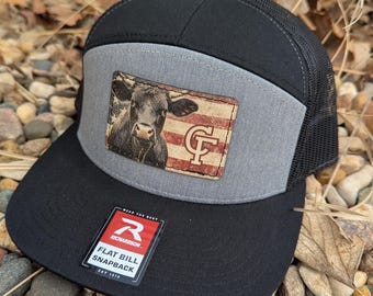 Richardson 168 Flat bill Snapback Digitally Printed Leather Patch Hat- Cow American Flag print Hand Stitched Real Leather USA Flag with Cow