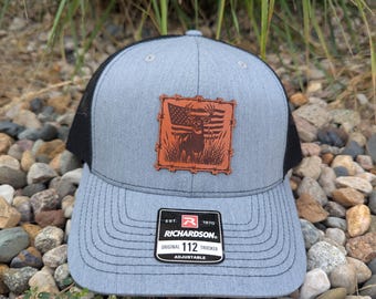 Richardson 112 Laser Engraved Leather Patch Hat- Deer with American Flag and Barb Wire Real Leather
