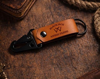 Personalized Leather Keychain, Custom Engraved Genuine Leather Key Fob, Minimalist Gift for Him or Her-Farm Name with Custom Brand