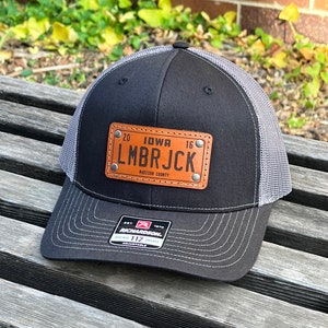 Custom Richardson 112 Laser Engraved Leather Patch Hat- Custom License Plate with Rivots Hand Stitched Real Leather