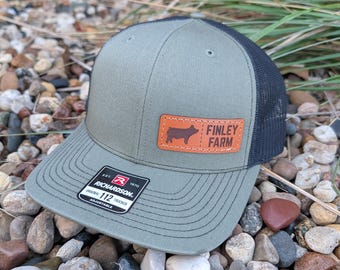 Custom Richardson 112 Laser Engraved Leather Patch Hat- Show Pig Hog with Farm Name Hand Stitched Real Leather Ranch Left Panel