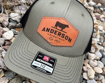 Custom Richardson 112 Laser Engraved Leather Patch Hat- Personalized Cow with Farm Name and Est Date Hand Stitched Real Leather