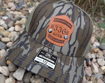 Richardson 112P camo Snapback Laser Engraved Leather Patch Hat- Personalized Fire Helmet Shield Badge Button Rivot-Firefighter Shield