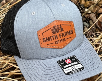 Custom Richardson 112 Laser Engraved Leather Patch Hat- Personalized Tractor with Farm Name & Est Date Hand Stitched Real Leather