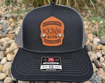 Custom Richardson 112 Laser Engraved Leather Patch Hat- Personalized Fire Helmet Shield Badge Button Rivot-Firefighter Shield