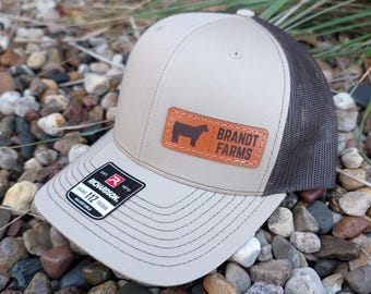 Custom Richardson 112 Laser Engraved Leather Patch Hat- Show Steer Cow with Farm Name Hand Stitched Real Leather Ranch Left Panel
