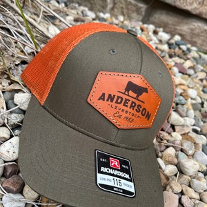 Custom Patch Shape Customized Richardson 115 Laser Engraved Leather Patch Hat-Farm Name with established date Hand Stitched Real Leather