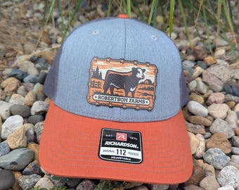 Custom Richardson 112 Digitally Printed Leather Patch Hat-Personalized Cow with barbed wire and Farm Name