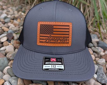 Richardson 112 Laser Engraved Leather Patch Hat- America 250 Years Flag Leather Patch- Hand Stitched Real Leather